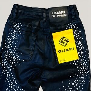 GUAPI Obsidian Black Flare Stacked Denim Jeans Siz 28 White Pearl-Like Studs NWT